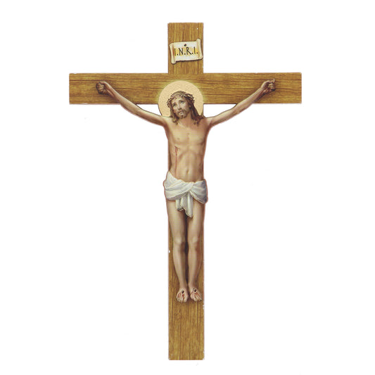 Crocifisso in polimero effetto legno, Cristo in rilievo. Altezza 12 cm