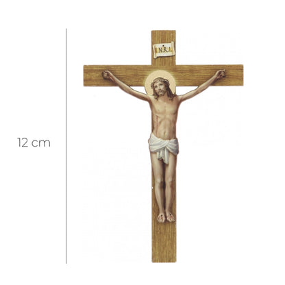 Crocifisso in polimero effetto legno, Cristo in rilievo. Altezza 12 cm