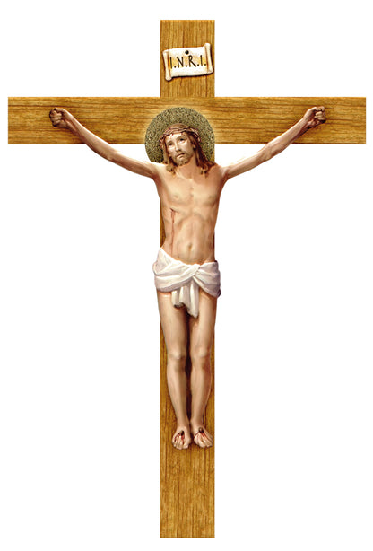 Crocifisso in polimero effetto legno, Cristo in rilievo. Altezza 12 cm