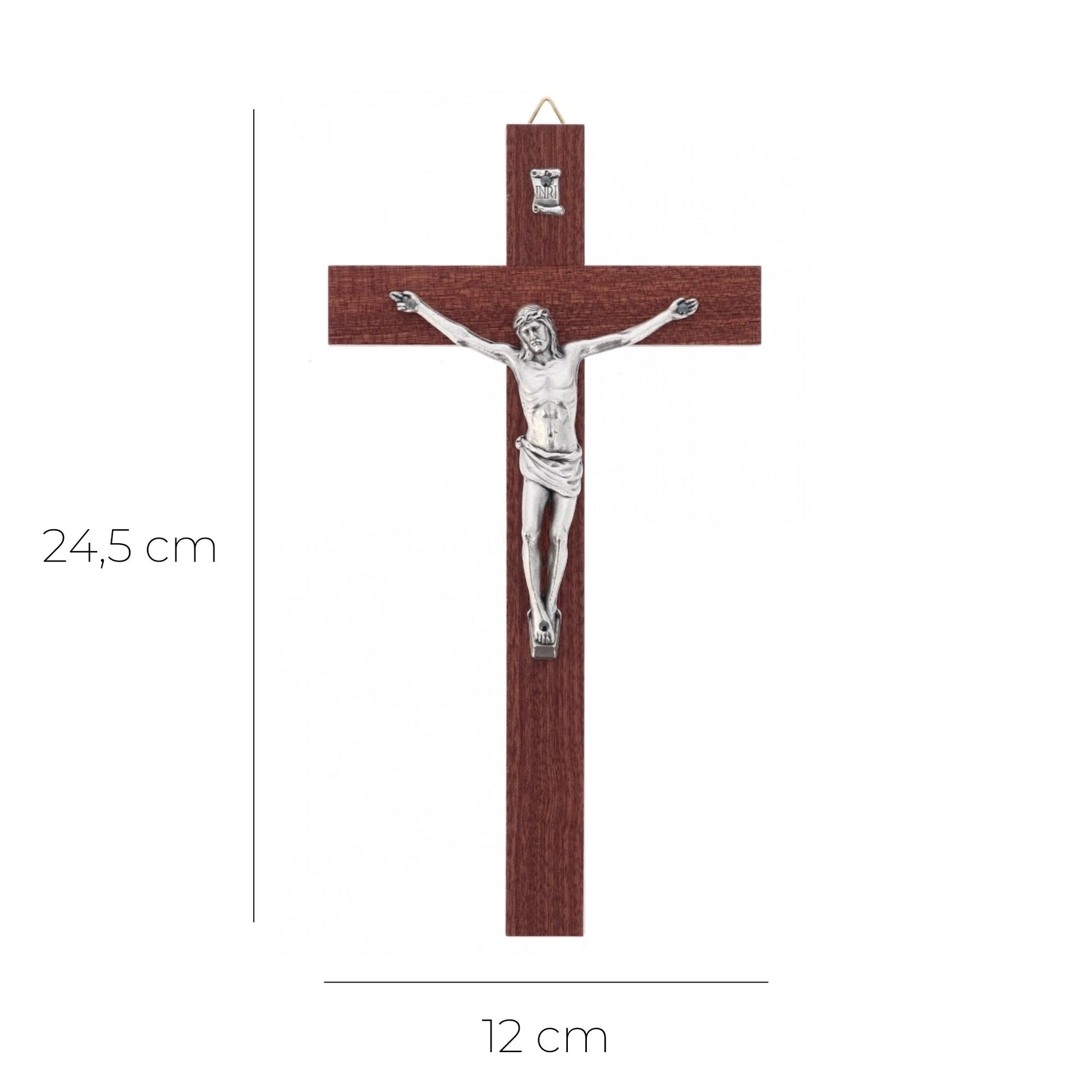 Crocifisso in mogano con corpo in metallo. Altezza 24,5 cm