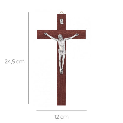 Crocifisso in mogano con corpo in metallo. Altezza 24,5 cm