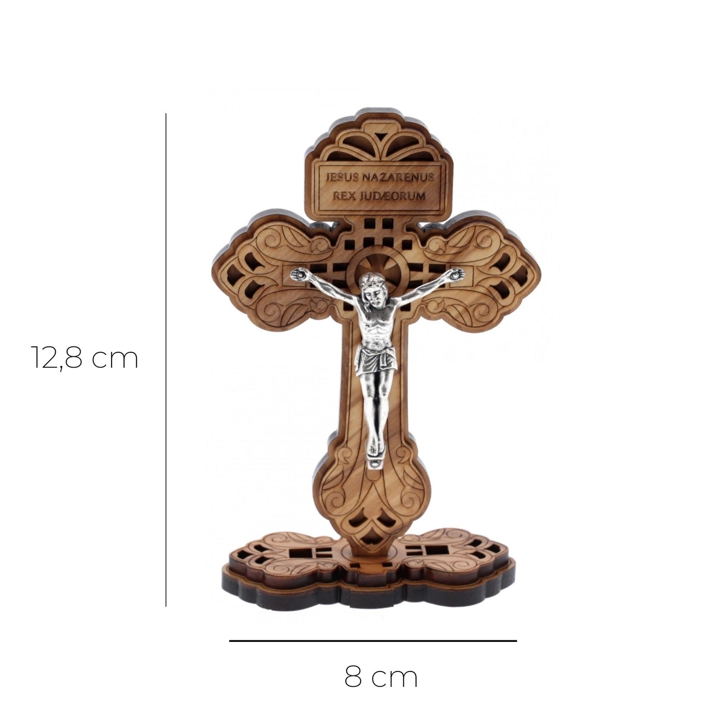 Croce del Perdono in legno d'ulivo e corpo metallo, con base. Altezza 12,8 cm