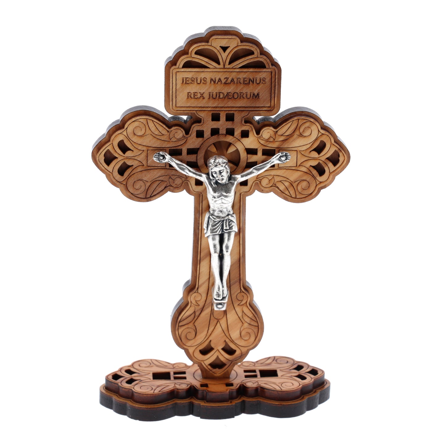 Croce del Perdono in legno d'ulivo e corpo metallo, con base. Altezza 12,8 cm