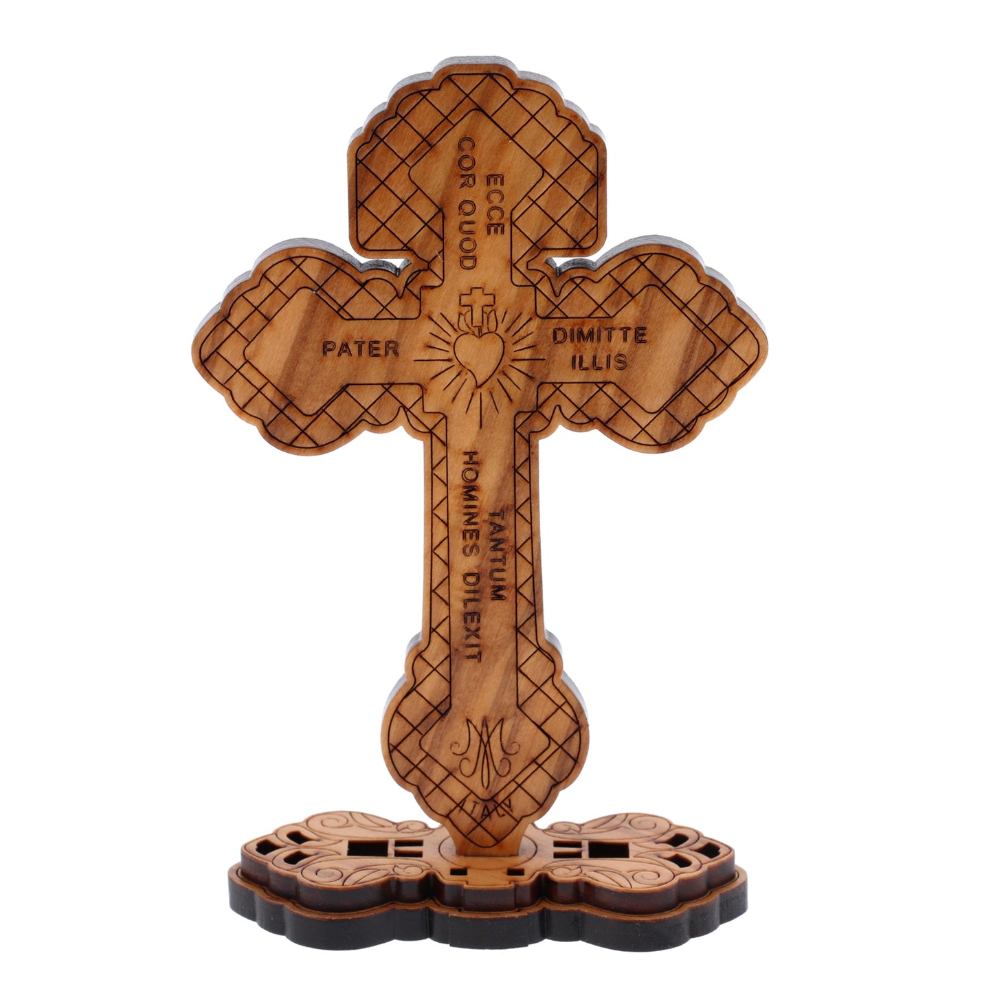 Croce del Perdono in legno d'ulivo e corpo metallo, con base. Altezza 12,8 cm