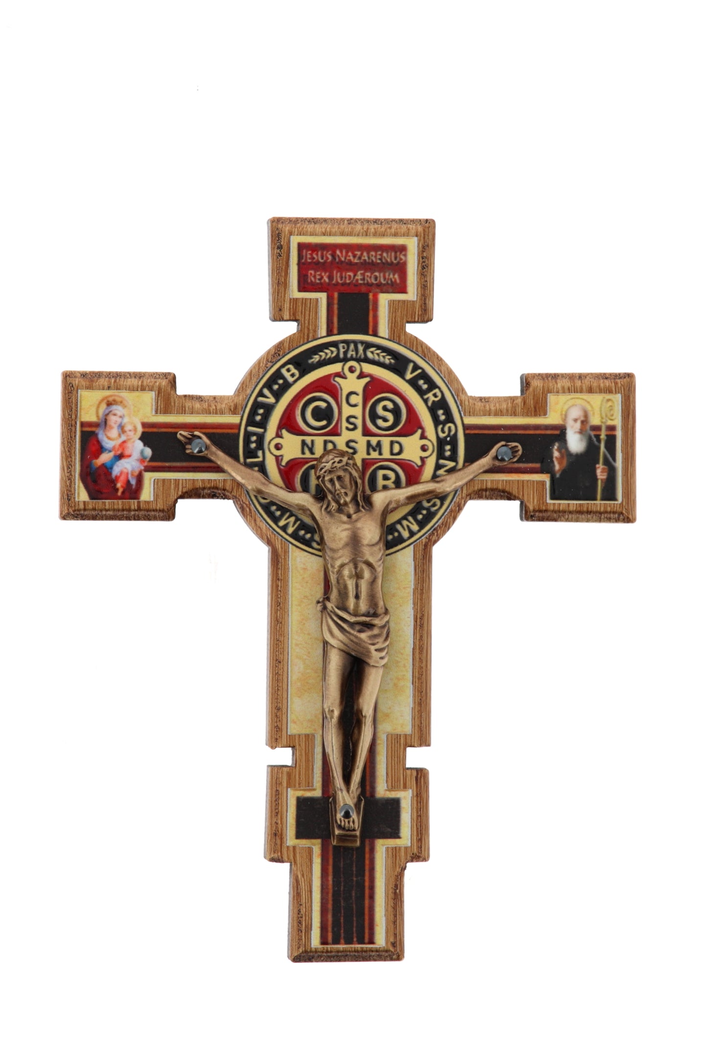 Crocifisso san Benedetto in legno betulla e corpo in metallo bronzato. Altezza 14 cm