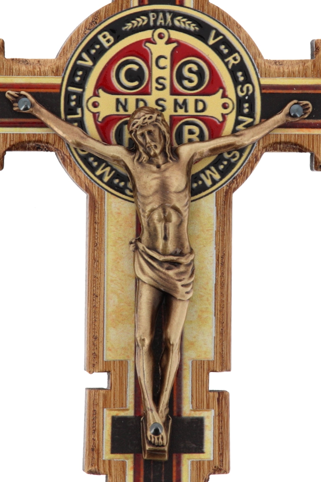 Crocifisso san Benedetto in legno betulla e corpo in metallo bronzato. Altezza 20,5 cm