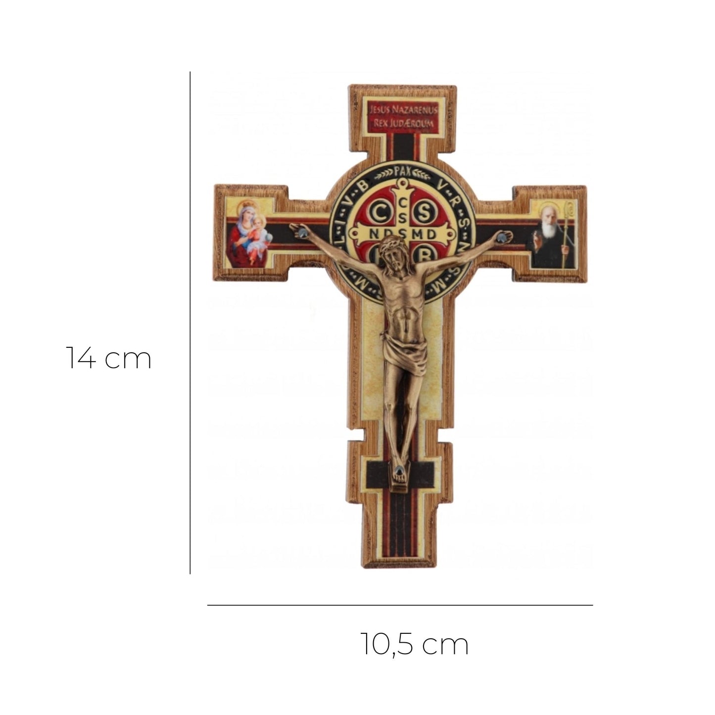 Crocifisso san Benedetto in legno betulla e corpo in metallo bronzato. Altezza 14 cm