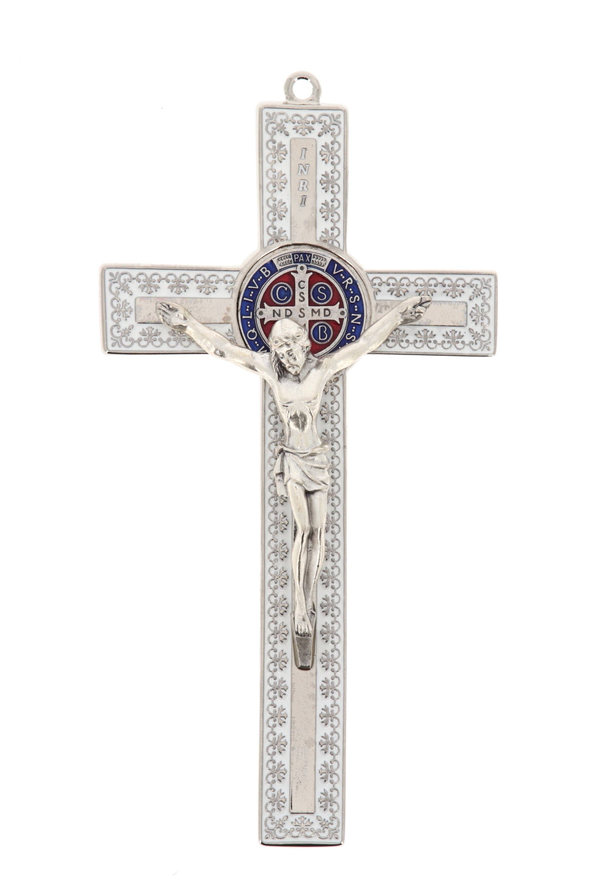Crocifisso san Benedetto in metallo lavorato. Altezza 18,5 cm