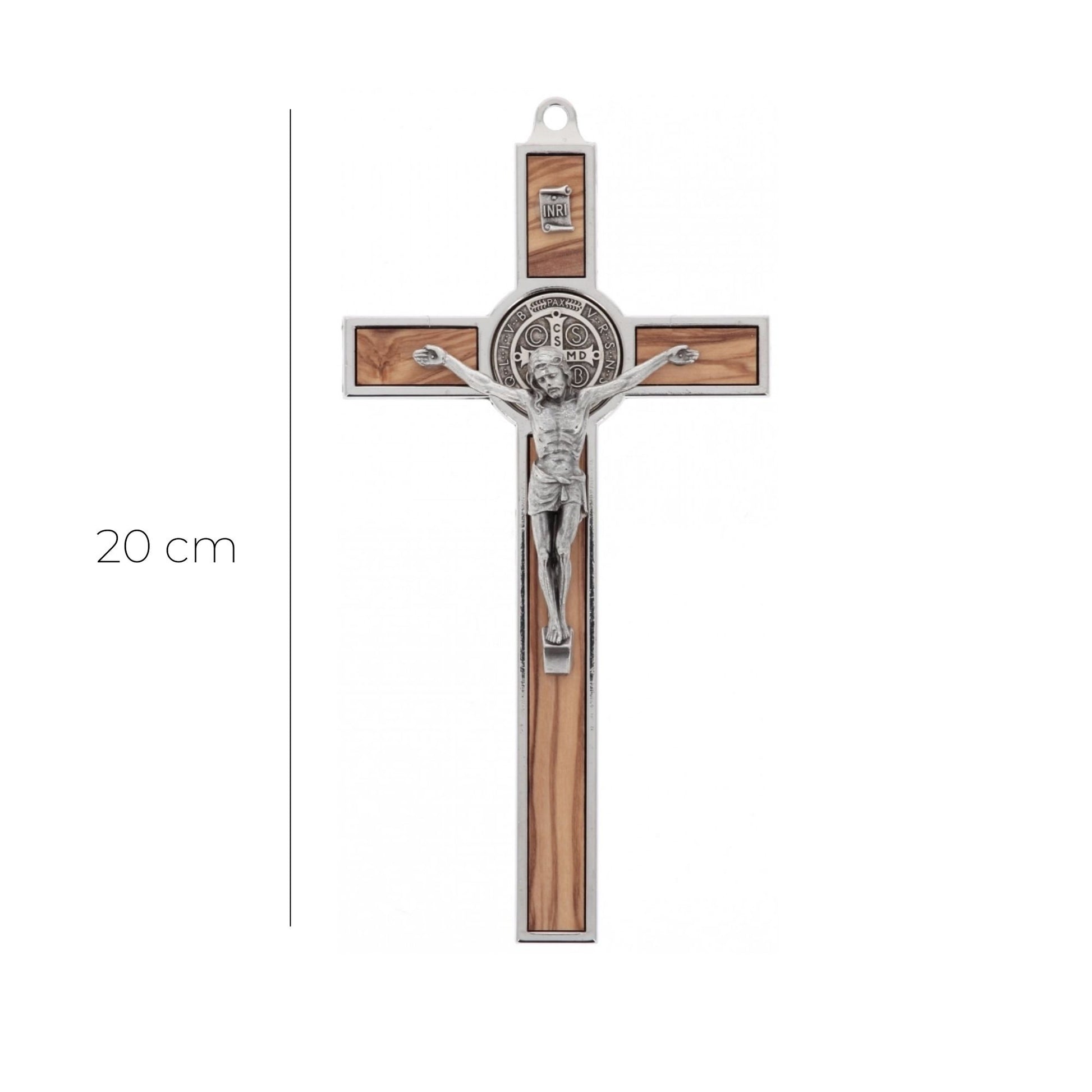 Crocifisso San Benedetto in legno d'ulivo e metallo. Altezza 20 cm
