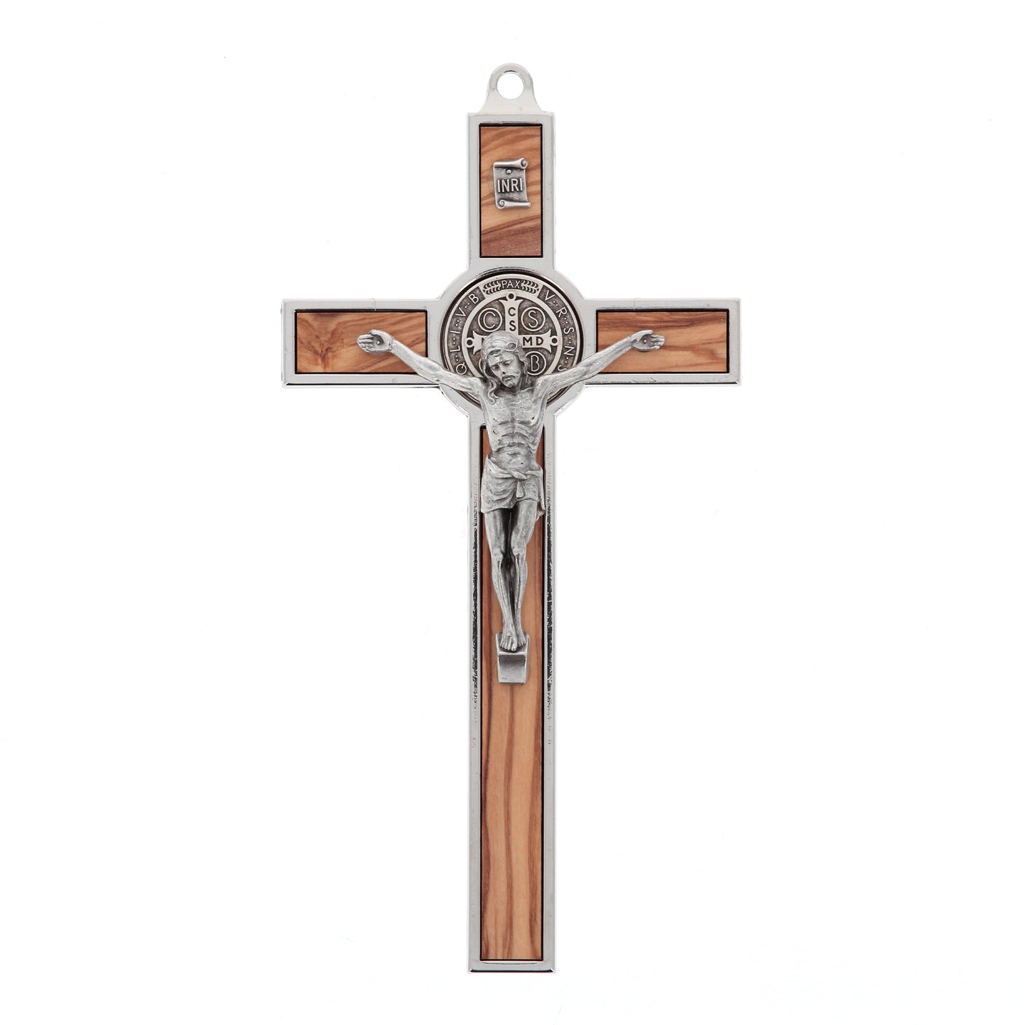 Crocifisso San Benedetto in legno d'ulivo e metallo. Altezza 20 cm
