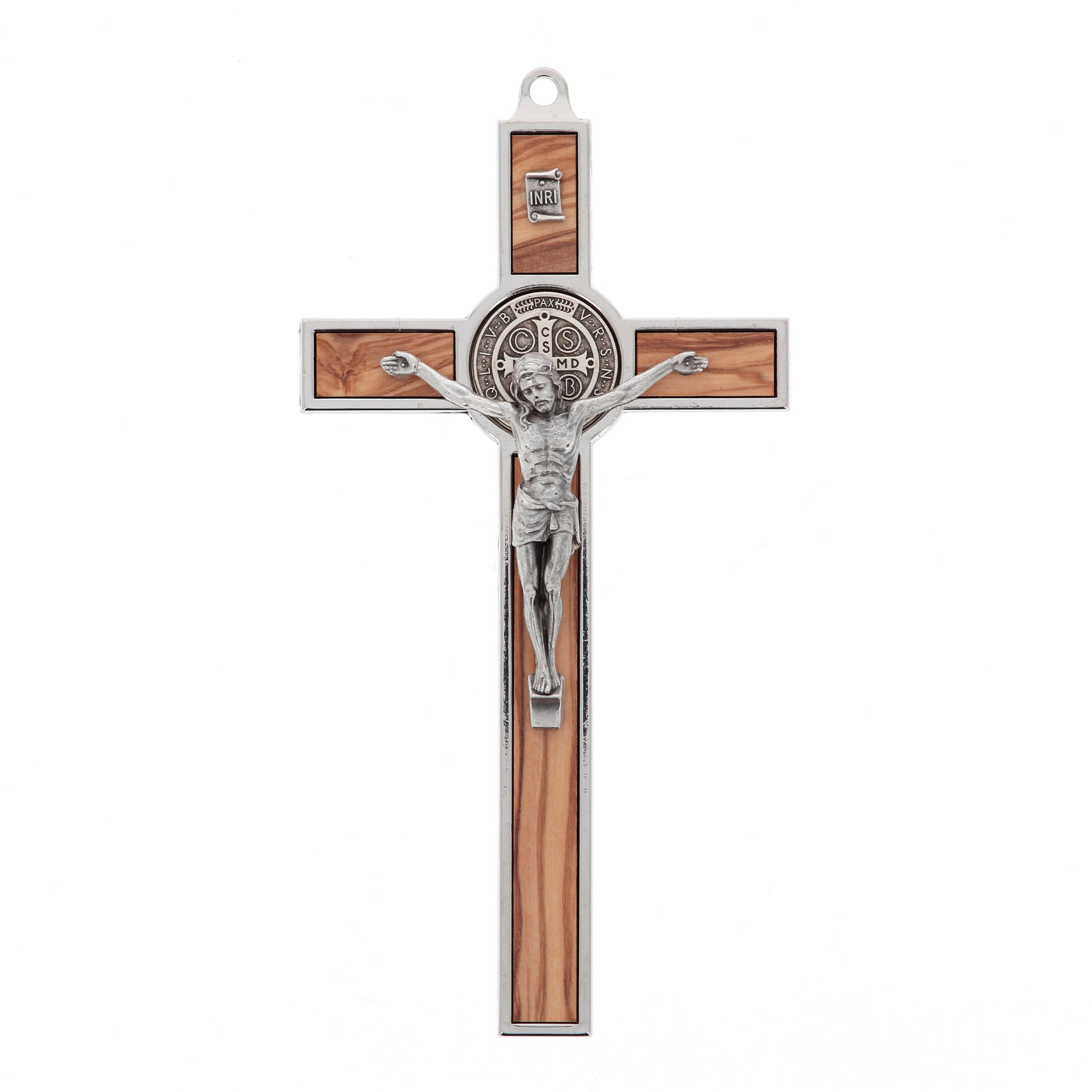 Crocifisso San Benedetto in legno d'ulivo e metallo. Altezza 20 cm
