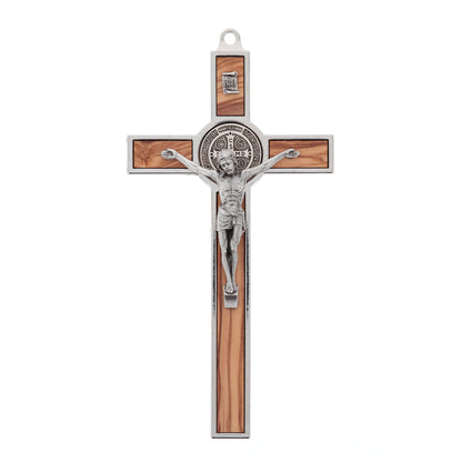 Crocifisso San Benedetto in legno d'ulivo e metallo. Altezza 20 cm
