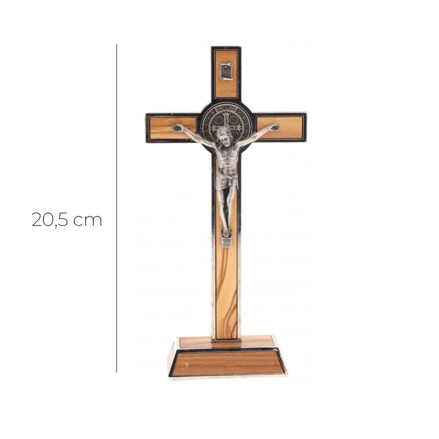 Crocifisso San Benedetto in legno d'ulivo e metallo, con base. Altezza 20,5 cm