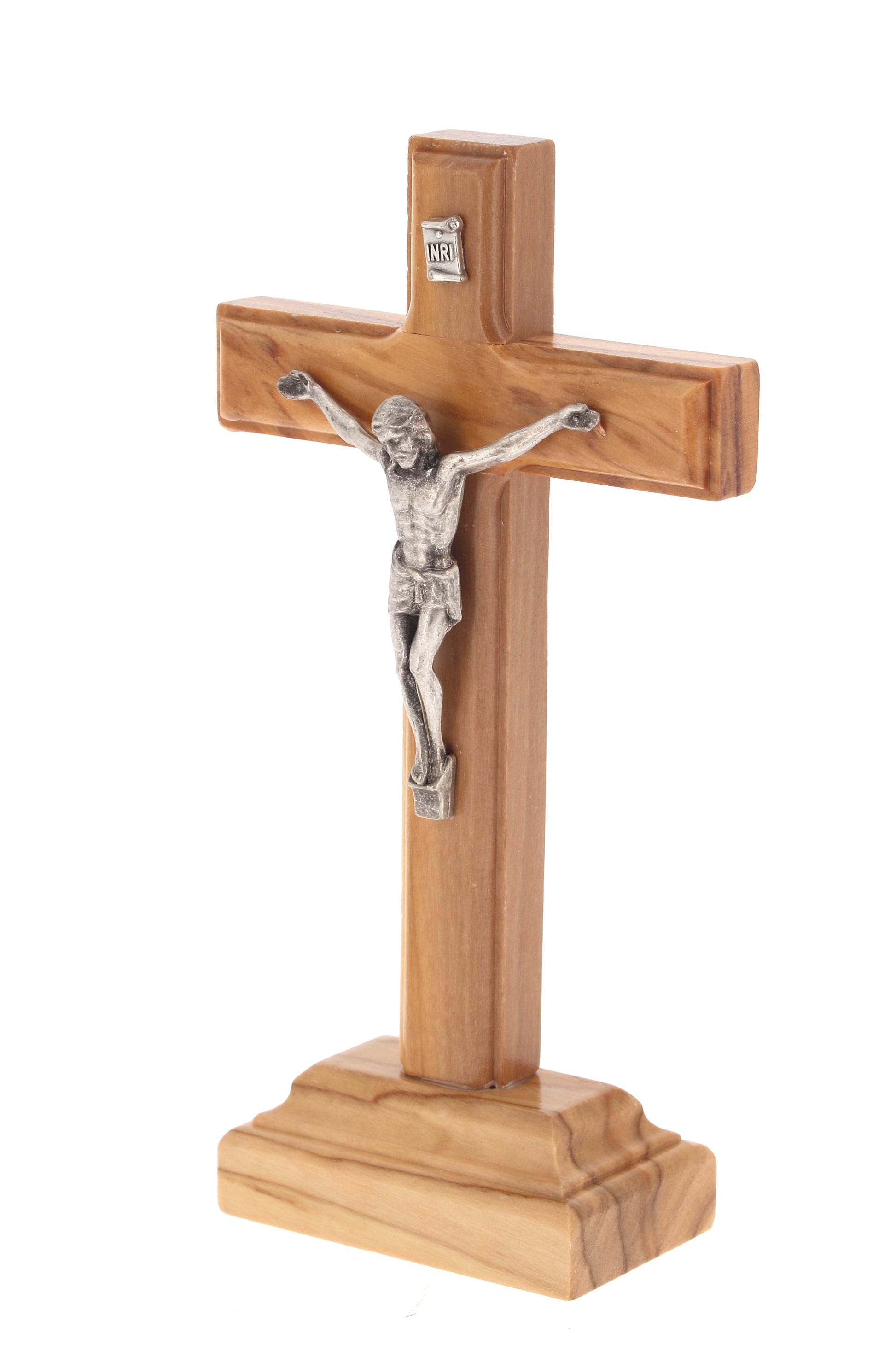 Crocifisso in legno d'ulivo e corpo in metallo con base. Altezza 14 cm
