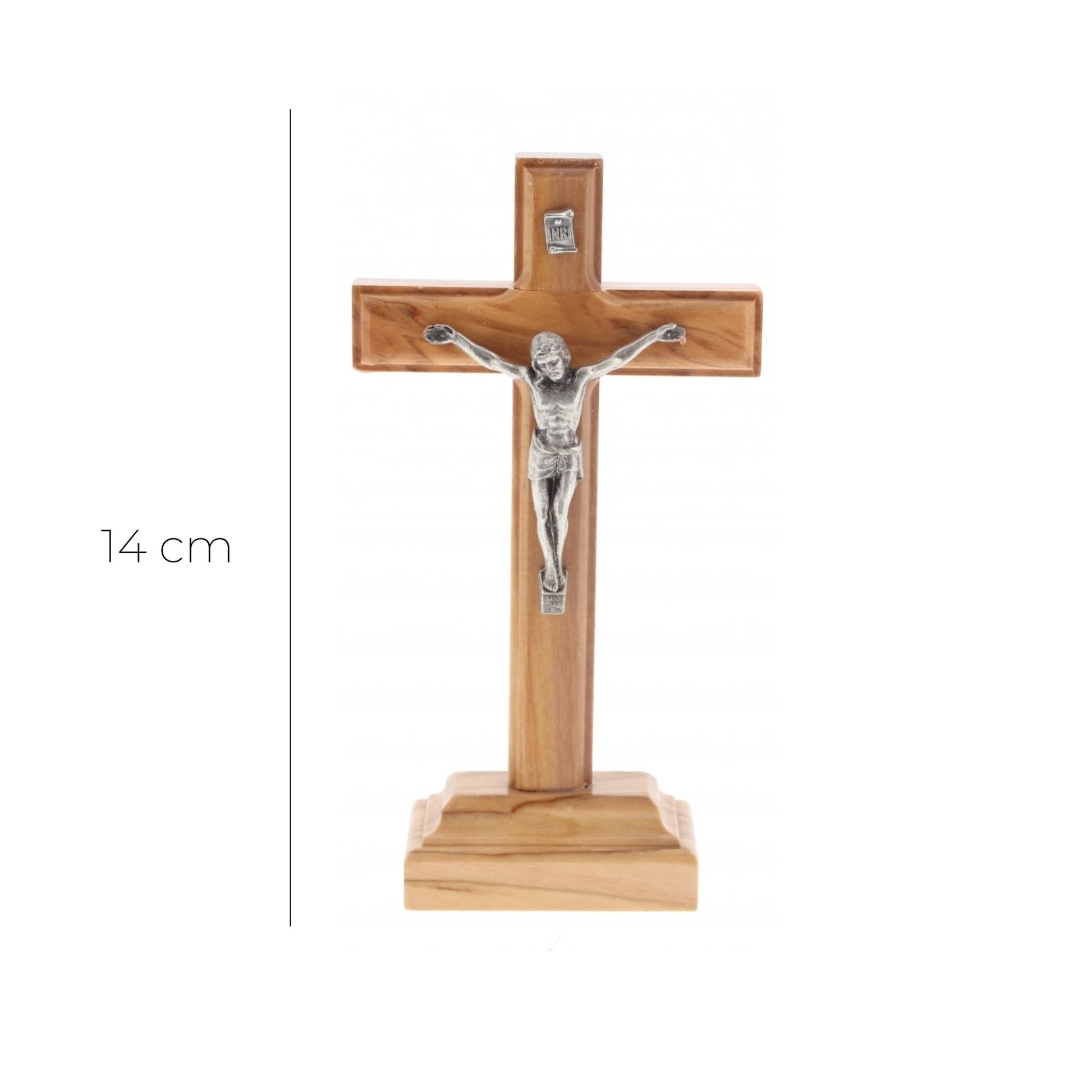 Crocifisso in legno d'ulivo e corpo in metallo con base. Altezza 14 cm
