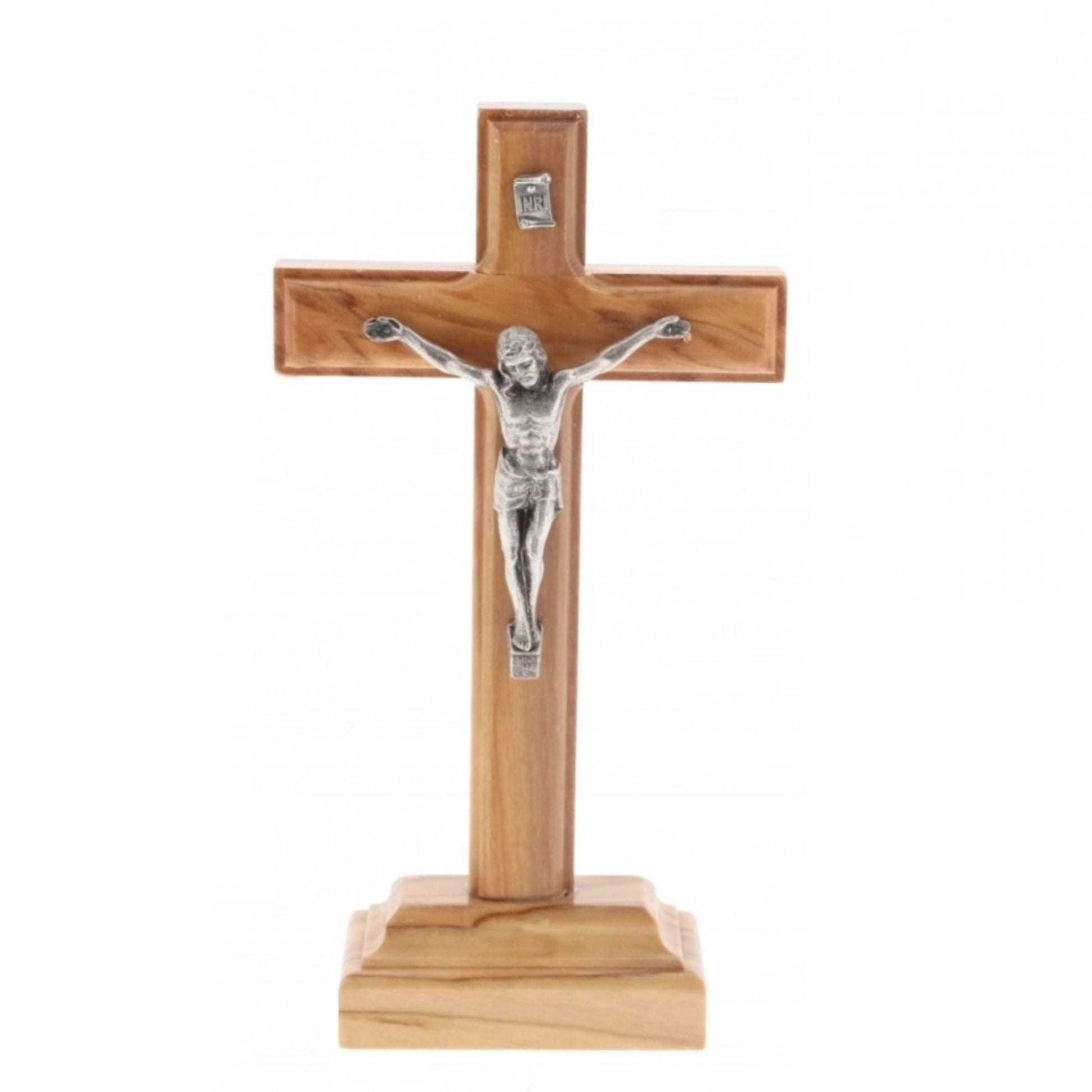 Crocifisso in legno d'ulivo e corpo in metallo con base. Altezza 14 cm
