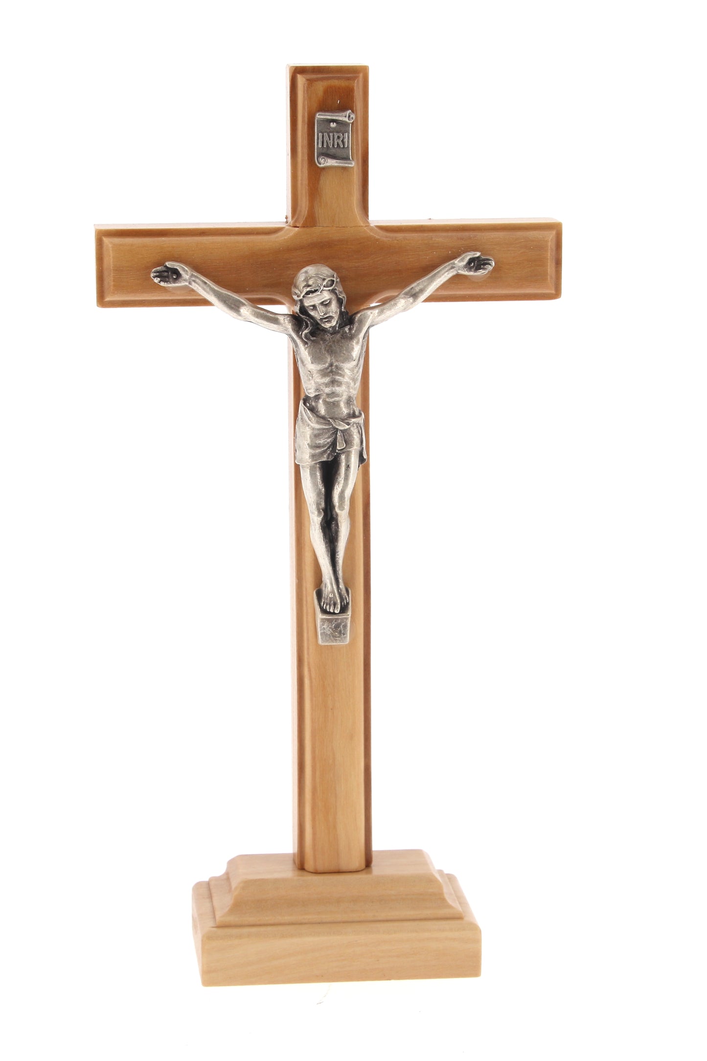 Crocifisso in legno d'ulivo e corpo in metallo con base. Altezza 18,5 cm