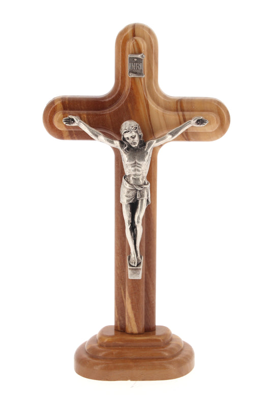 Crocifisso in legno d'ulivo e corpo in metallo. Altezza 16 cm