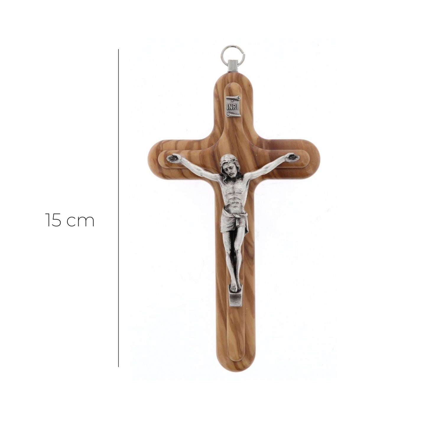 Crocifisso in legno d'ulivo e corpo in metallo. Altezza 15 cm