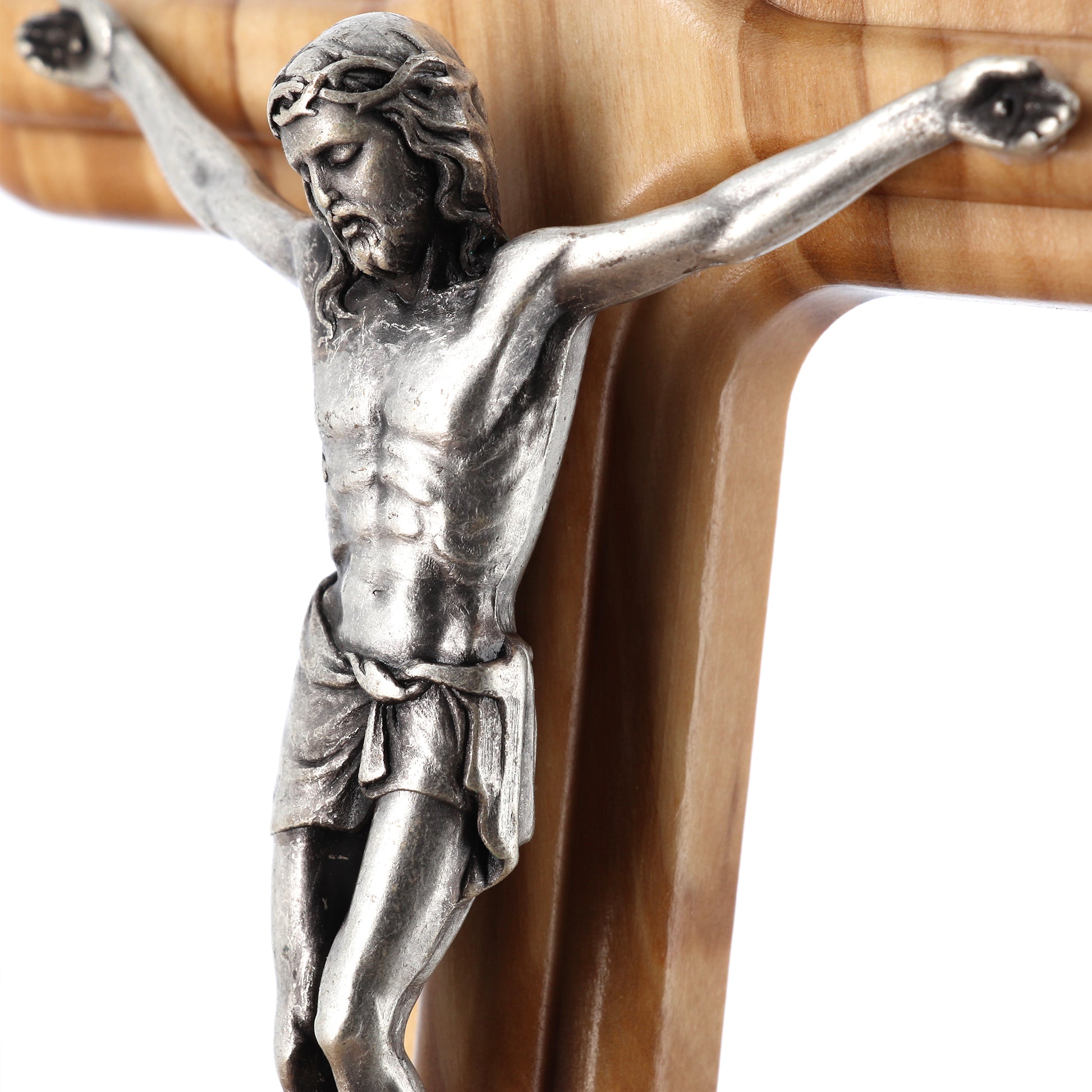 Crocifisso in legno d'ulivo e corpo in metallo. Altezza 20 cm