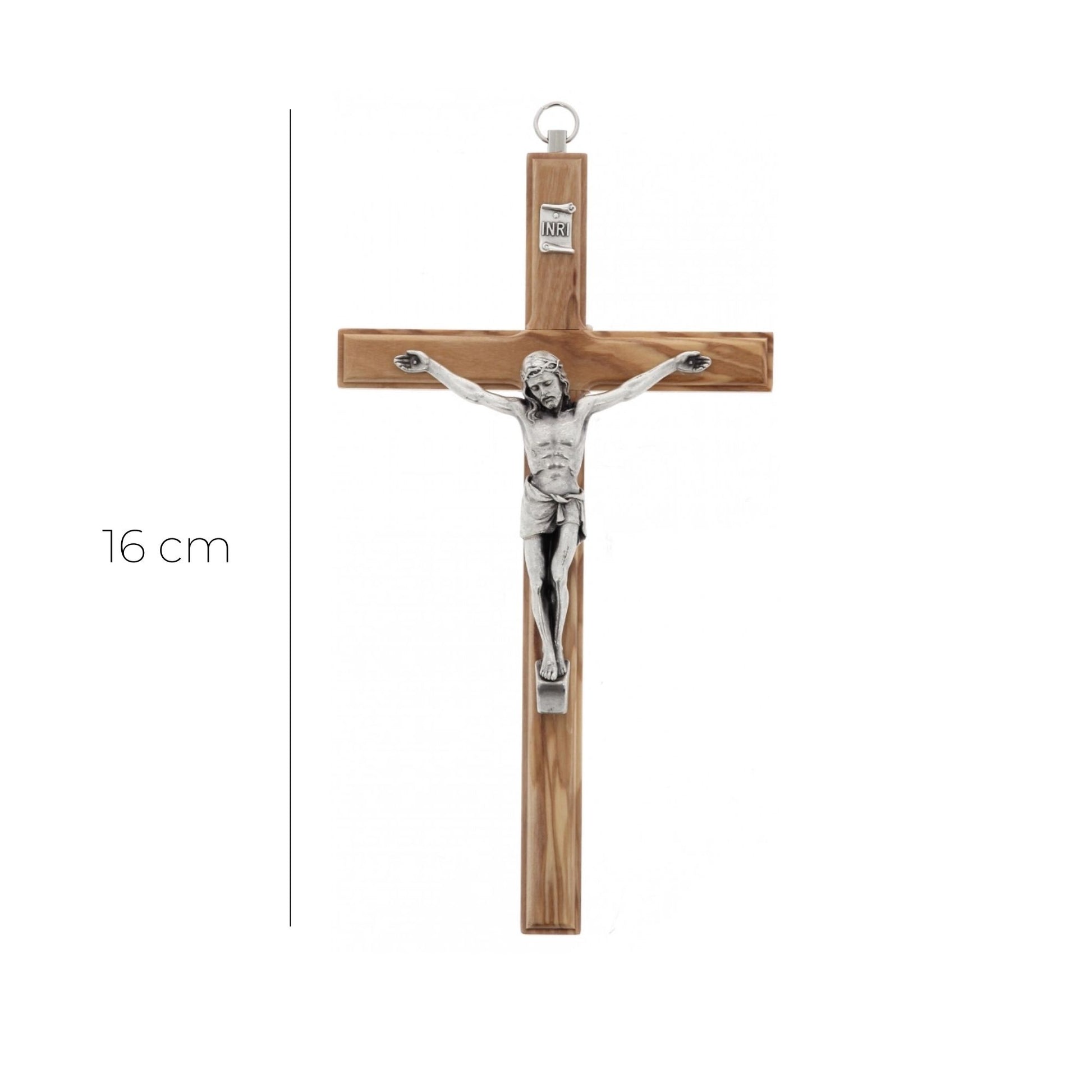 Crocifisso in legno d'ulivo e corpo in metallo. Altezza 16 cm
