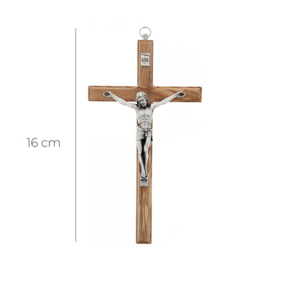 Crocifisso in legno d'ulivo e corpo in metallo. Altezza 16 cm
