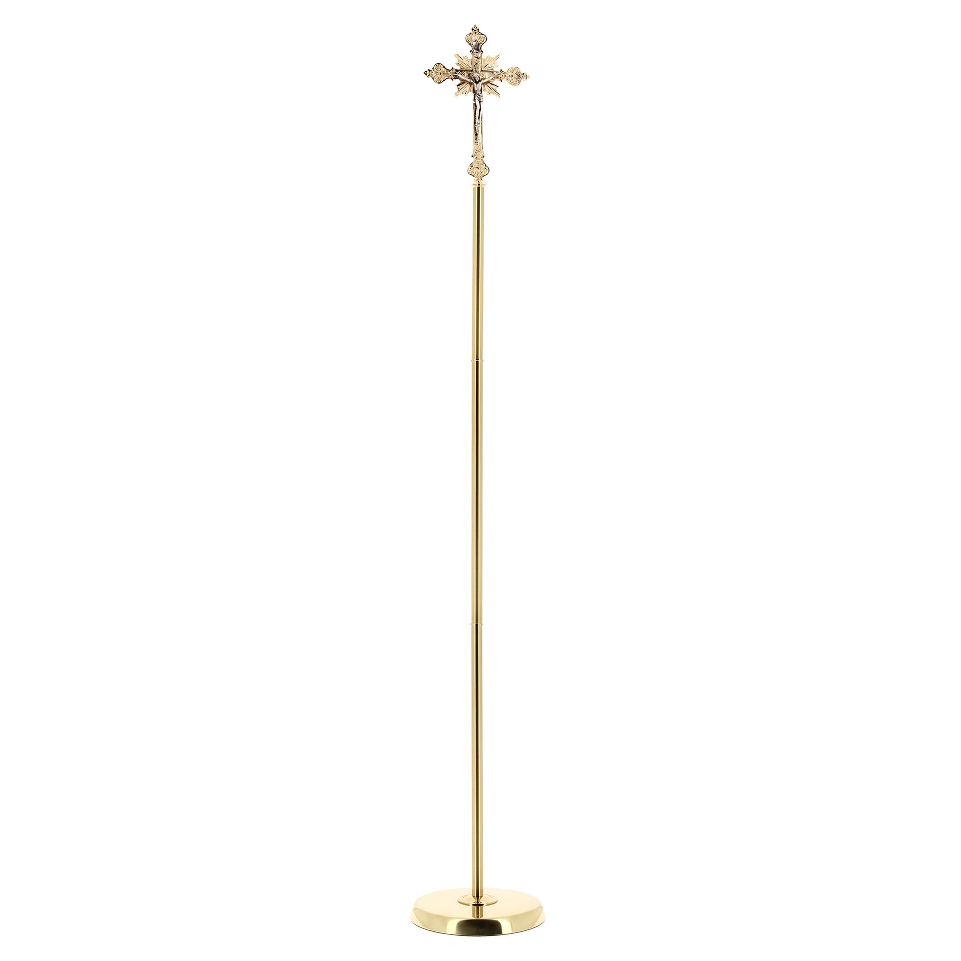 Croce astile in ottone completa di asta e base. Altezza 207 cm