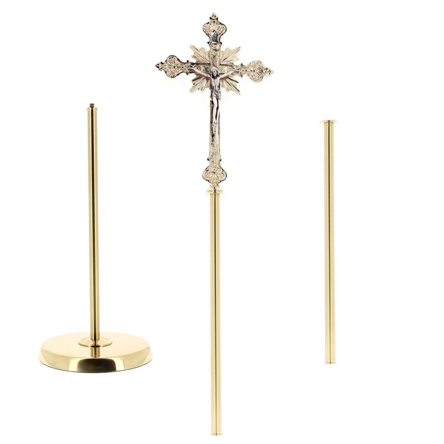 Croce astile in ottone completa di asta e base. Altezza 207 cm