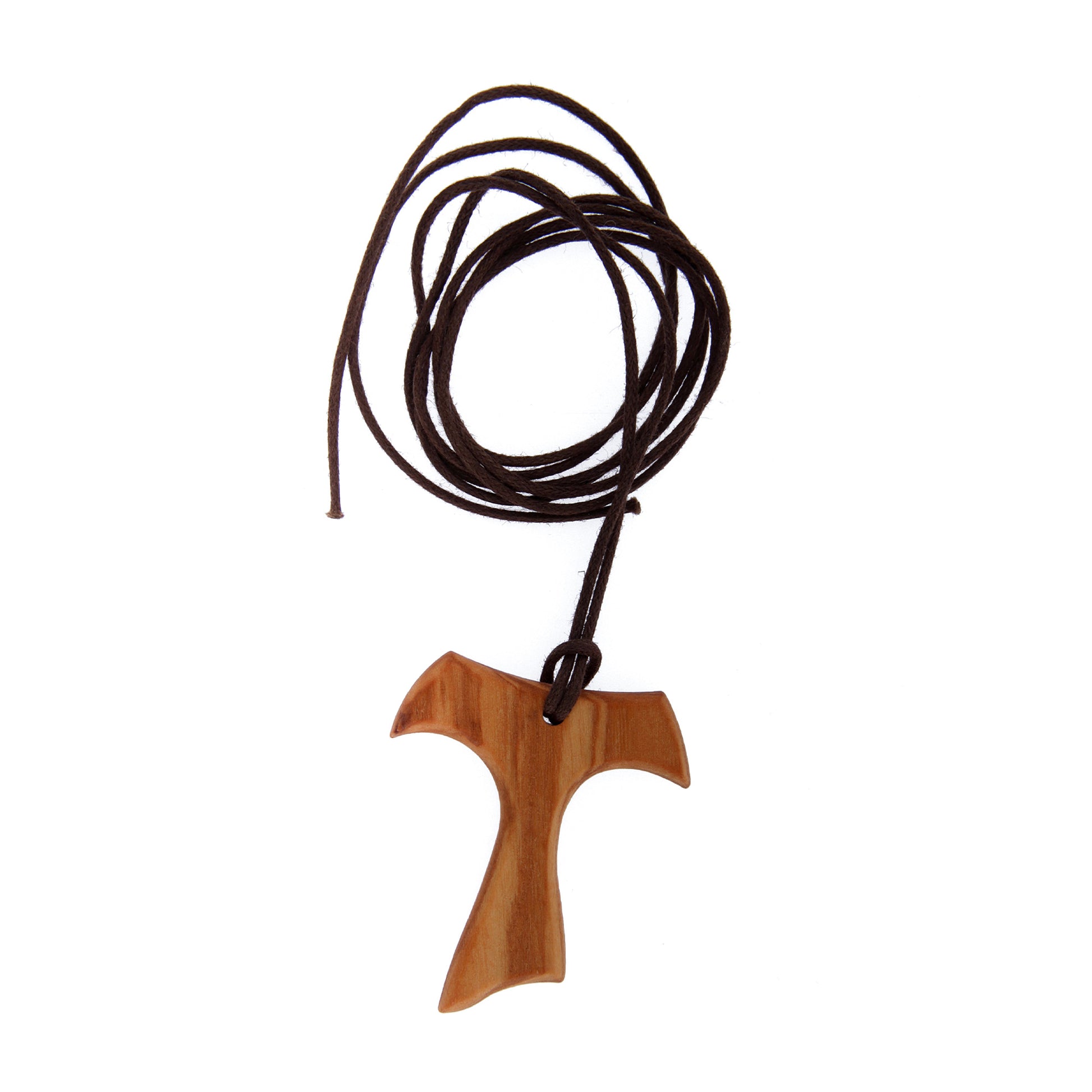 Tau in legno d'ulivo con cordoncino. Dimensioni 4x3,5 cm