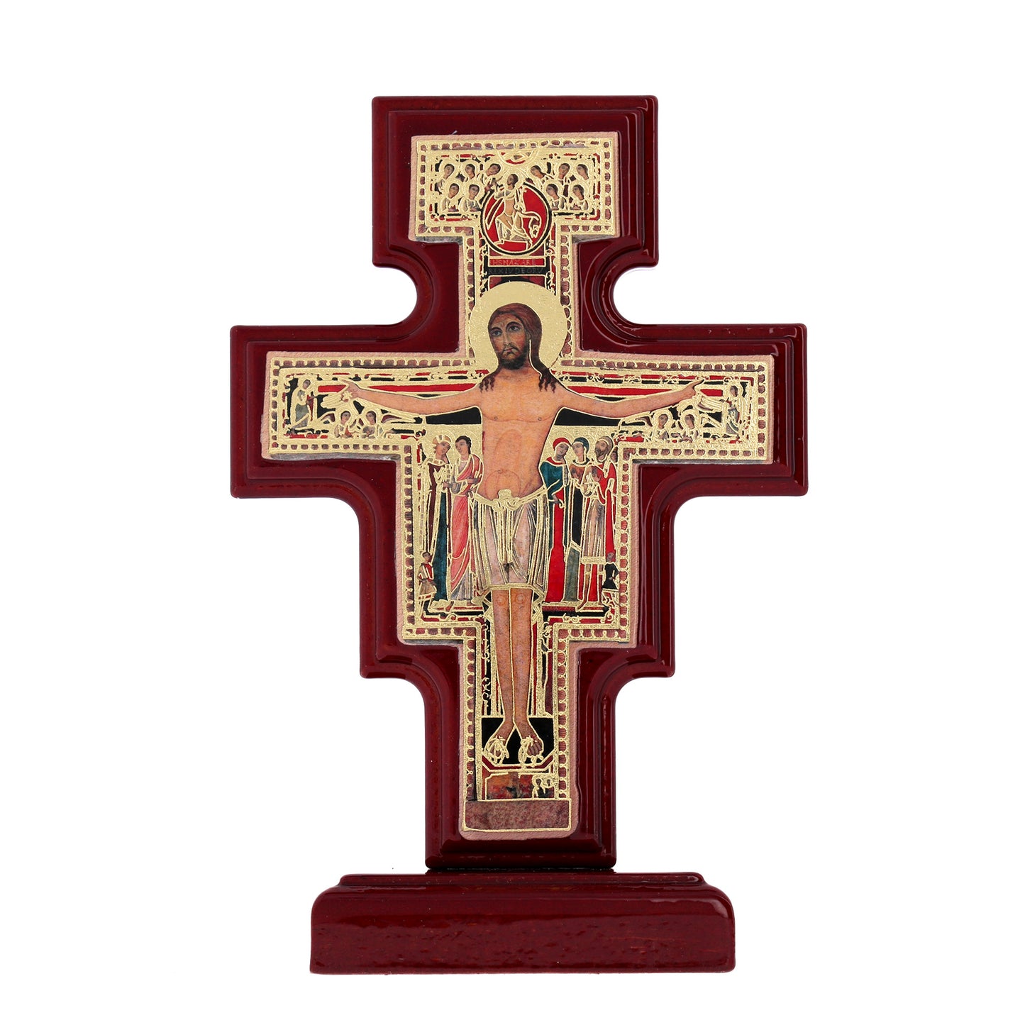 Croce di San Damiano in Legno con base. Dimensioni 10x15,5 cm
