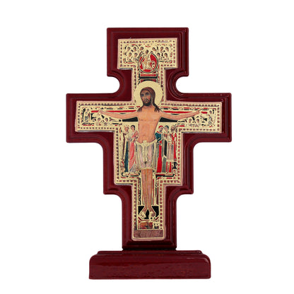 Croce di San Damiano in Legno con base. Dimensioni 10x15,5 cm
