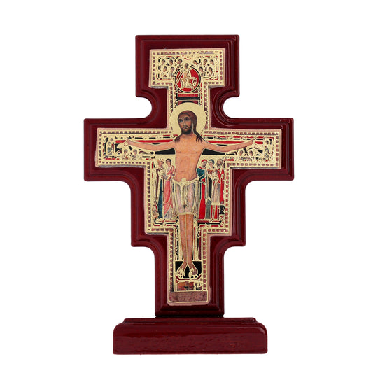 Croce di San Damiano in Legno con base. Dimensioni 10x15,5 cm
