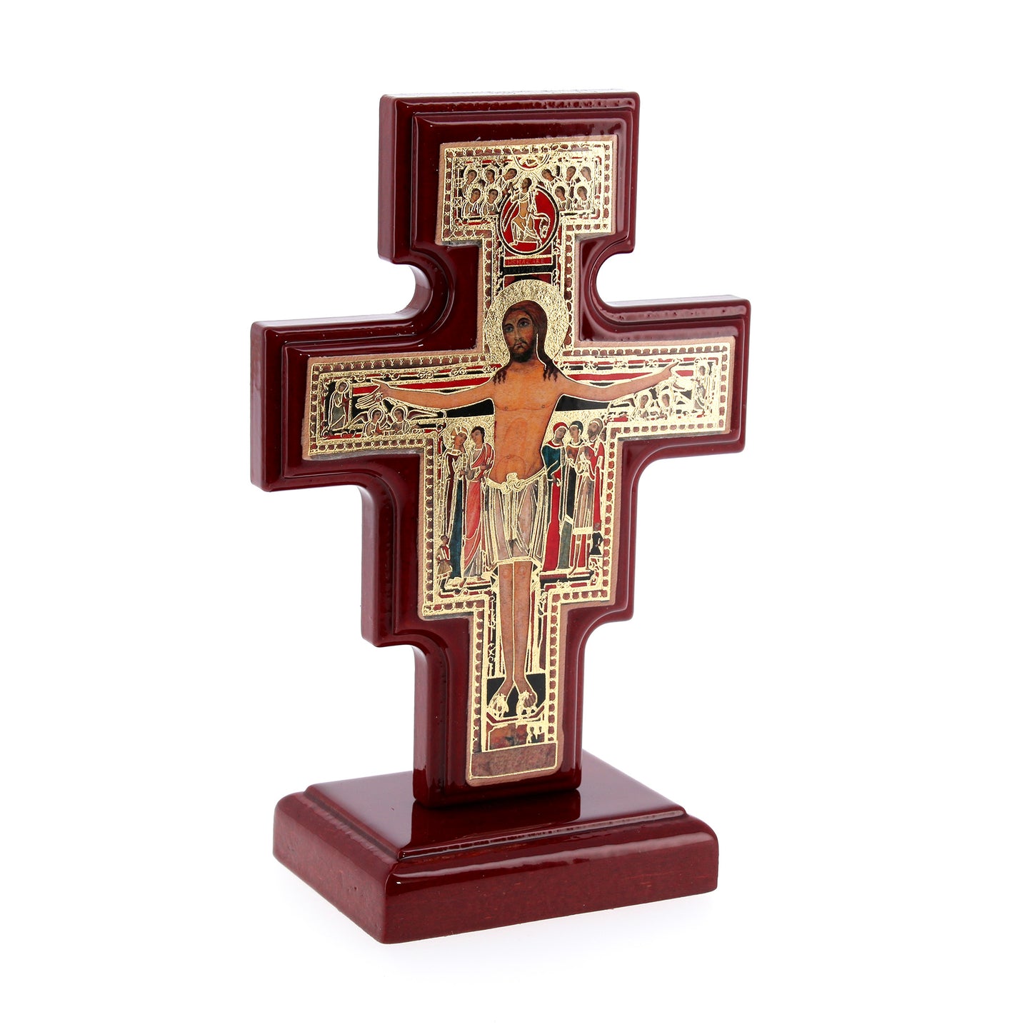 Croce di San Damiano in Legno con base. Dimensioni 10x15,5 cm
