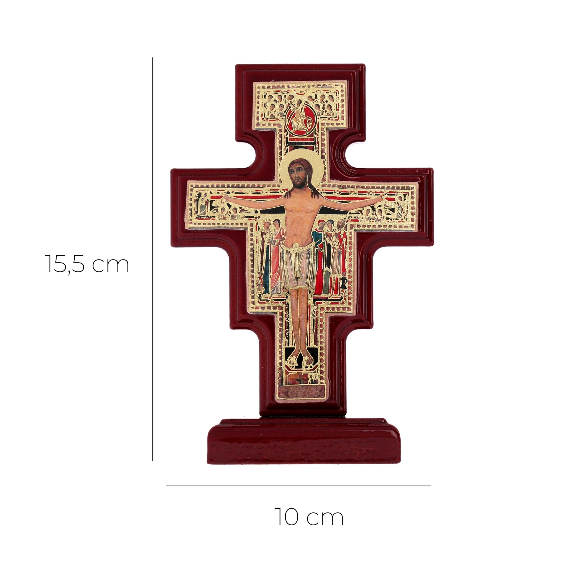 Croce di San Damiano in Legno con base. Dimensioni 10x15,5 cm

