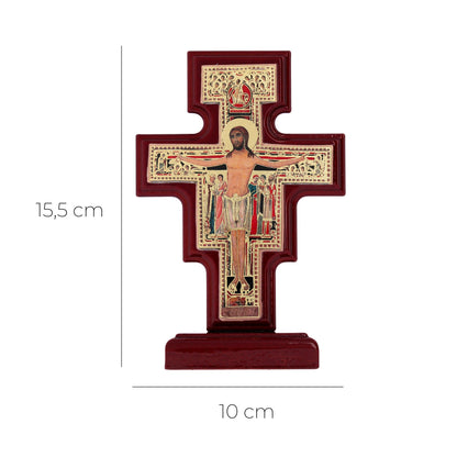 Croce di San Damiano in Legno con base. Dimensioni 10x15,5 cm
