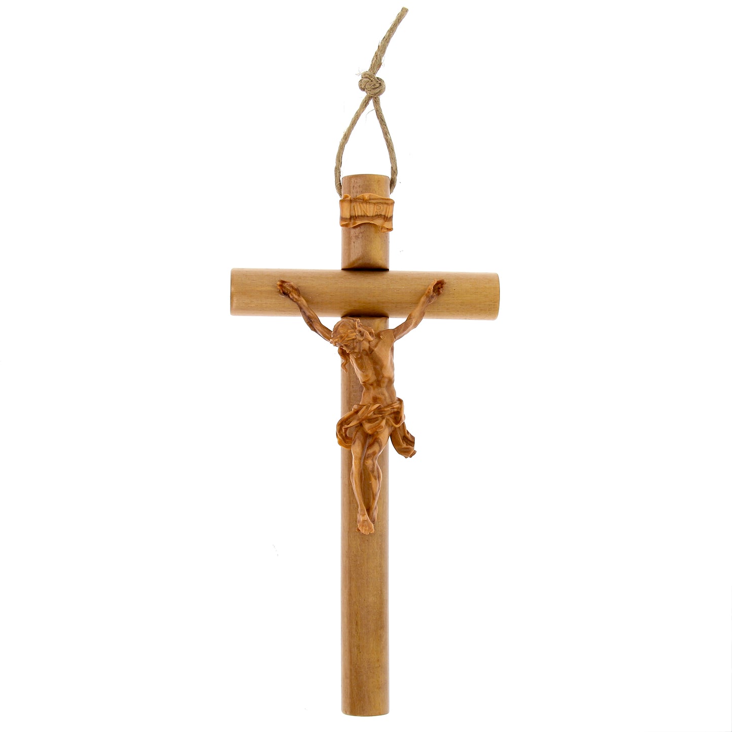 Crocifisso tondo con Corpo di Cristo in legno d'ulivo nazionale. Dimensioni 20x10 cm