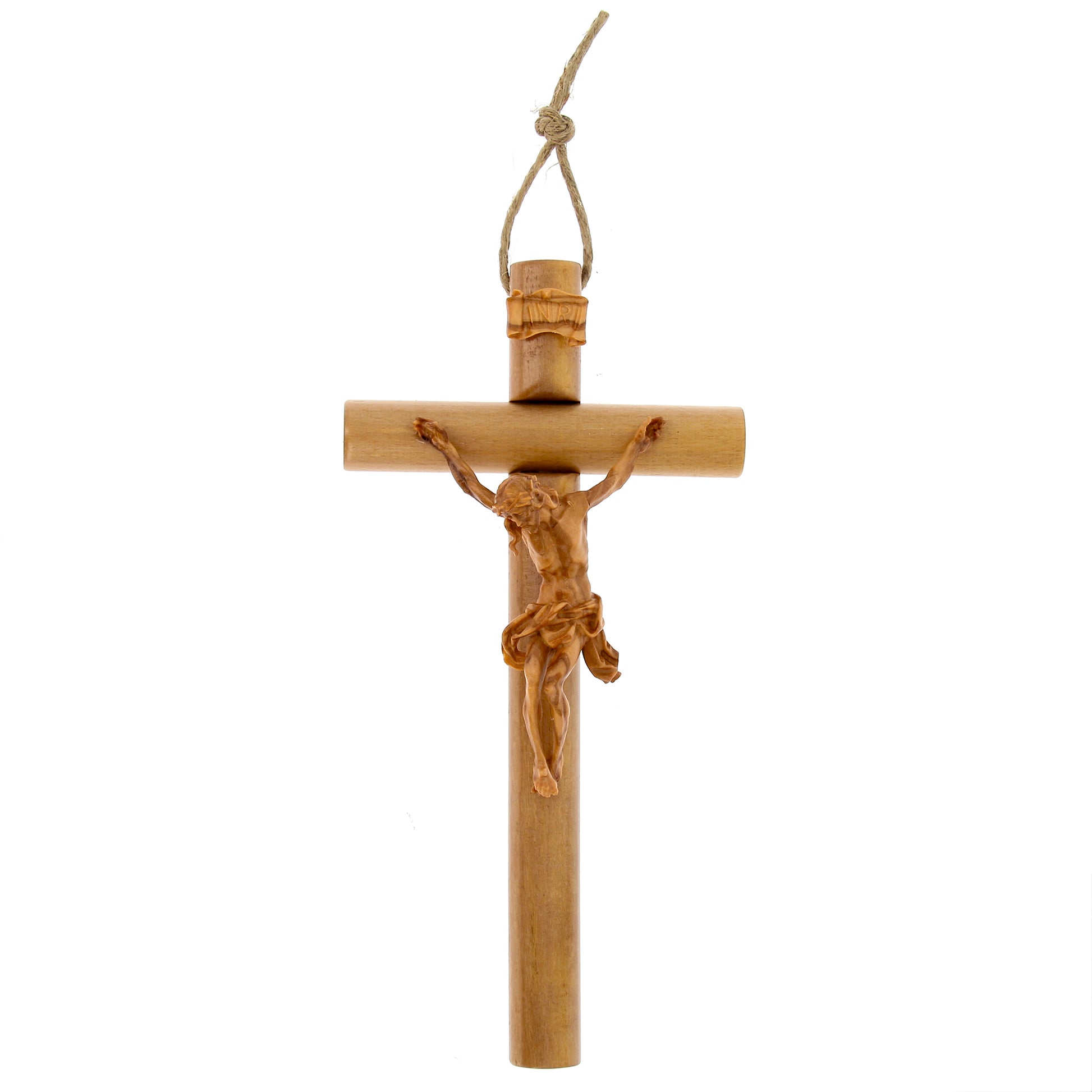 Crocifisso tondo con Corpo di Cristo in legno d'ulivo nazionale. Dimensioni 20x10 cm