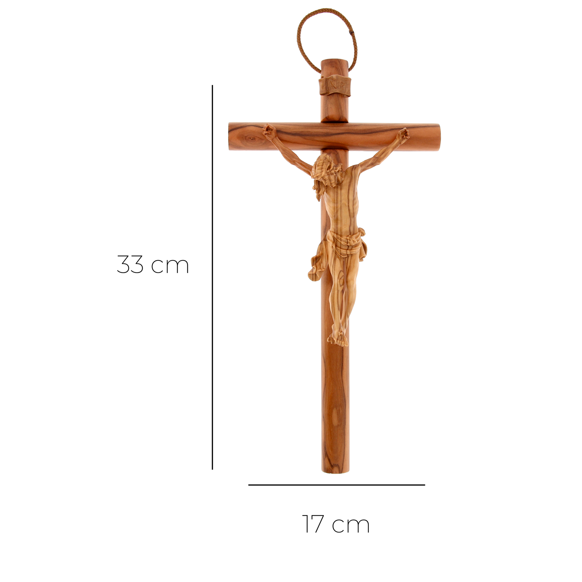 Crocifisso tondo con Corpo di Cristo in legno d'ulivo nazionale. Dimensioni 33X17 cm