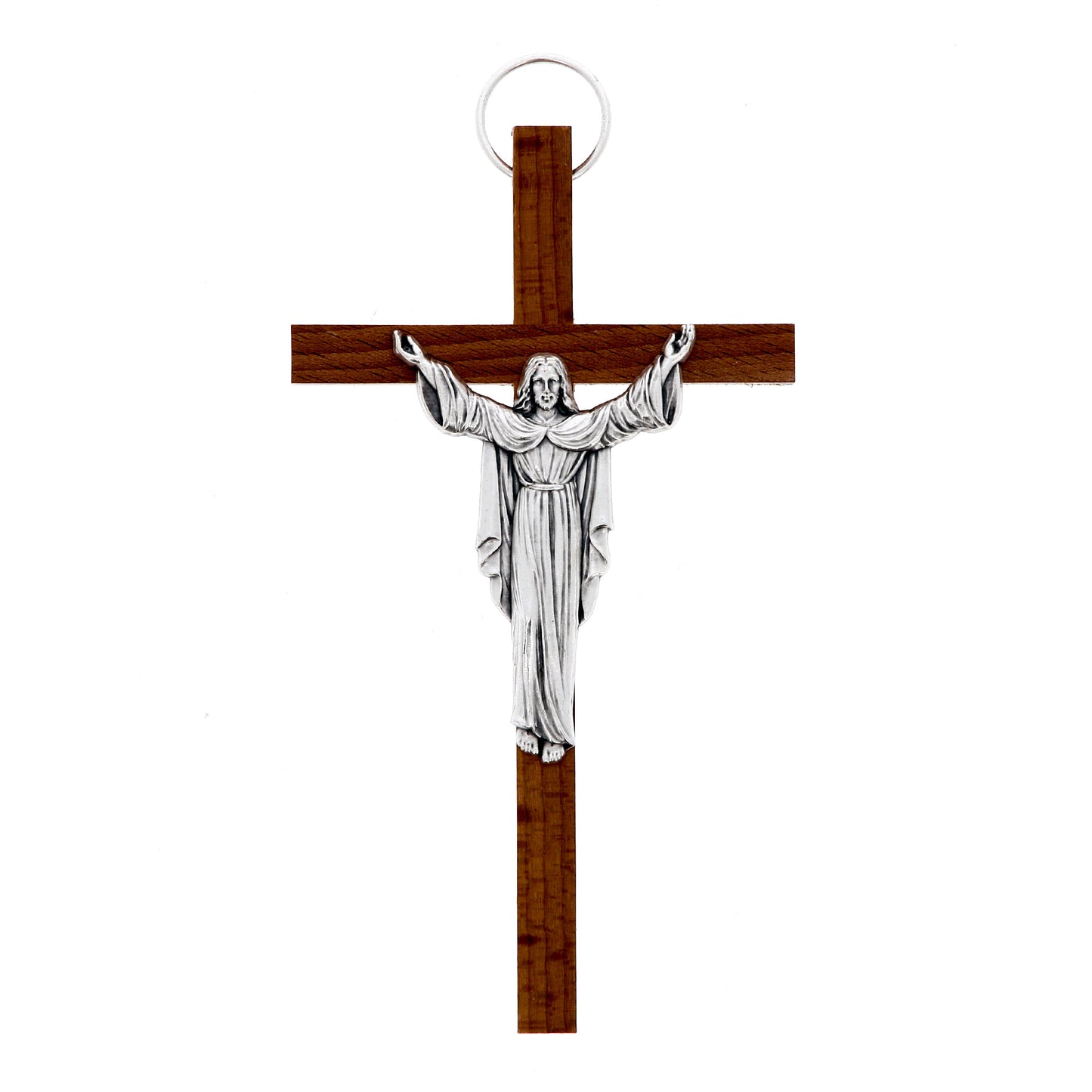 Crocifisso in legno con corpo in metallo Cristo Risorto. Dimensioni 13x7 cm
