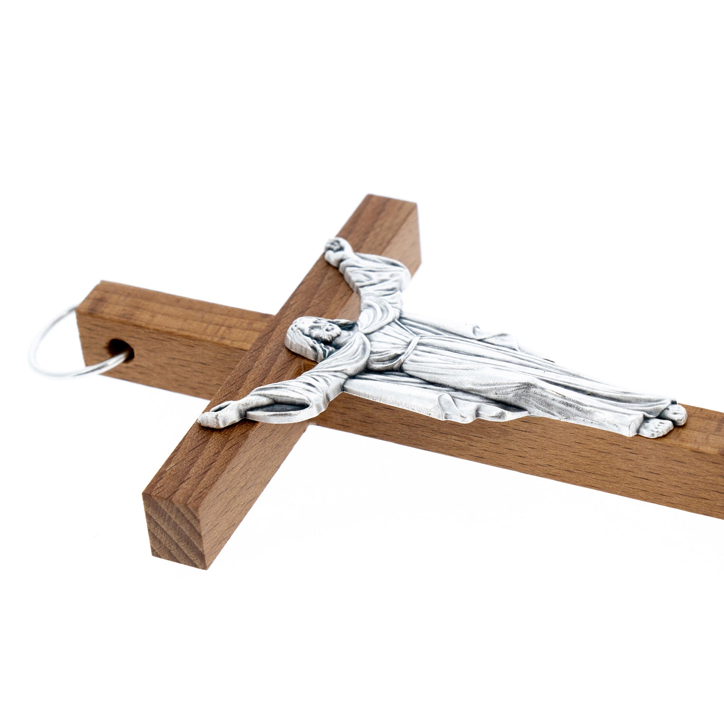 Crocifisso in legno con corpo in metallo Cristo Risorto. Dimensioni 13x7 cm
