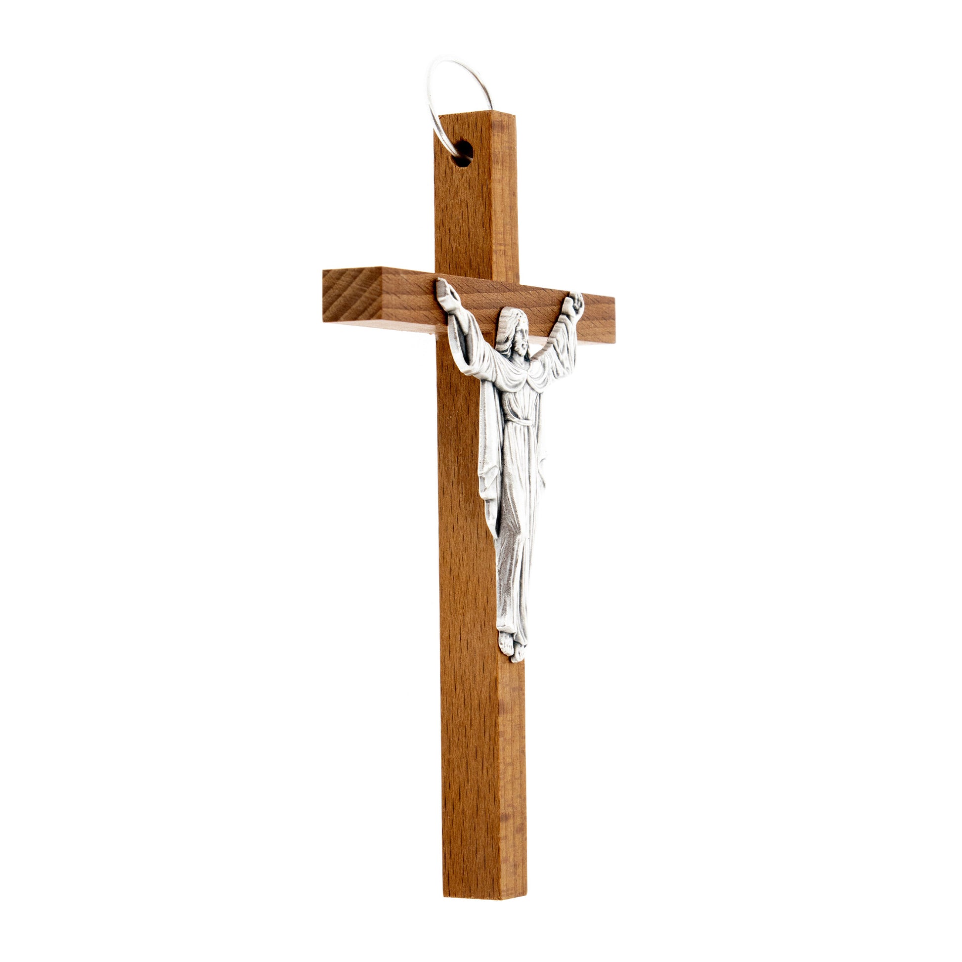 Crocifisso in legno con corpo in metallo Cristo Risorto. Dimensioni 13x7 cm
