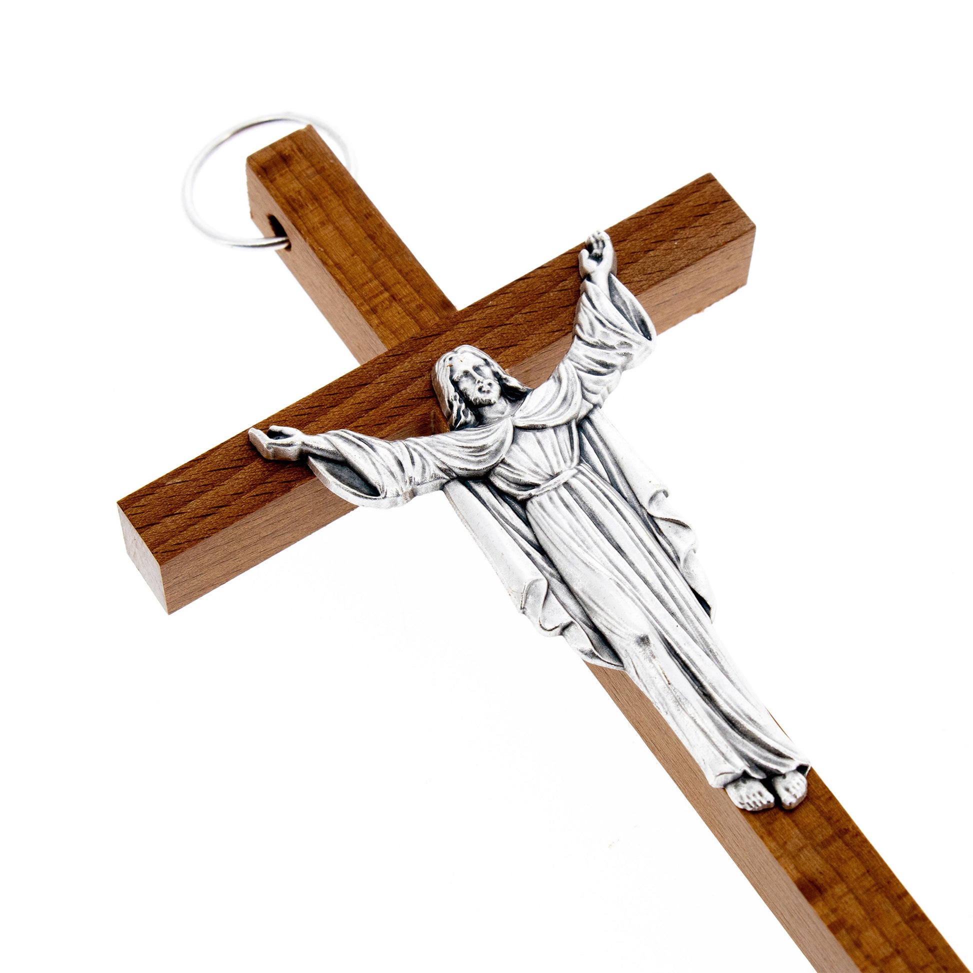 Crocifisso in legno con corpo in metallo Cristo Risorto. Dimensioni 13x7 cm
