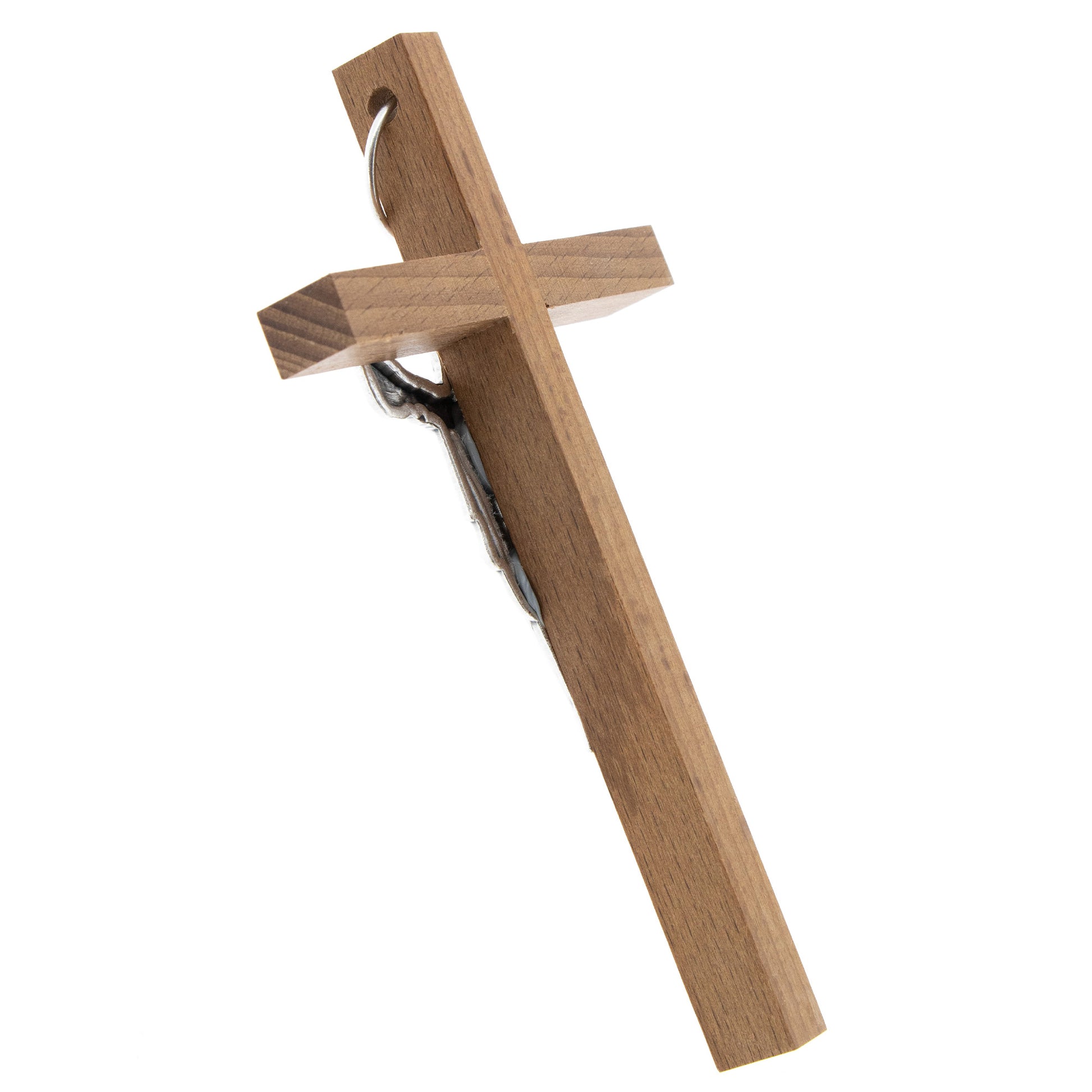 Crocifisso in legno con corpo in metallo Cristo Risorto. Dimensioni 13x7 cm
