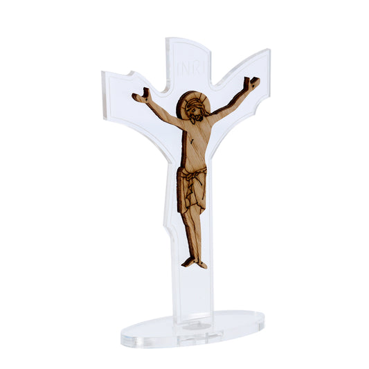 Crocifisso in plexiglass con base e  corpo in legno. Altezza 13 cm