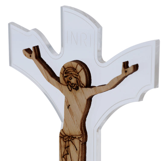 Crocifisso in plexiglass con base e  corpo in legno. Altezza 13 cm