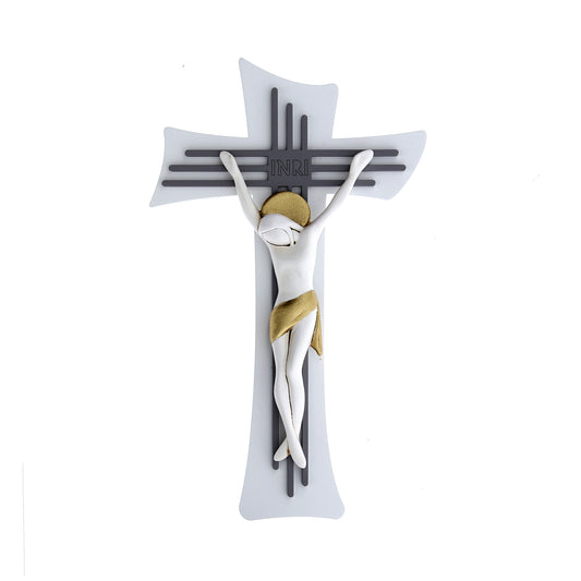Crocifisso moderno in resina con dettagli dorati, da appendere e da appoggio. Dimensioni 19x32 cm
