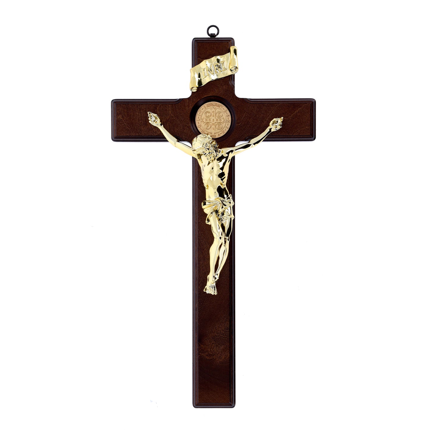Crocifisso in legno di betulla, corpo dorato e medaglia di San Benedetto. Dimensioni 47x26 cm
