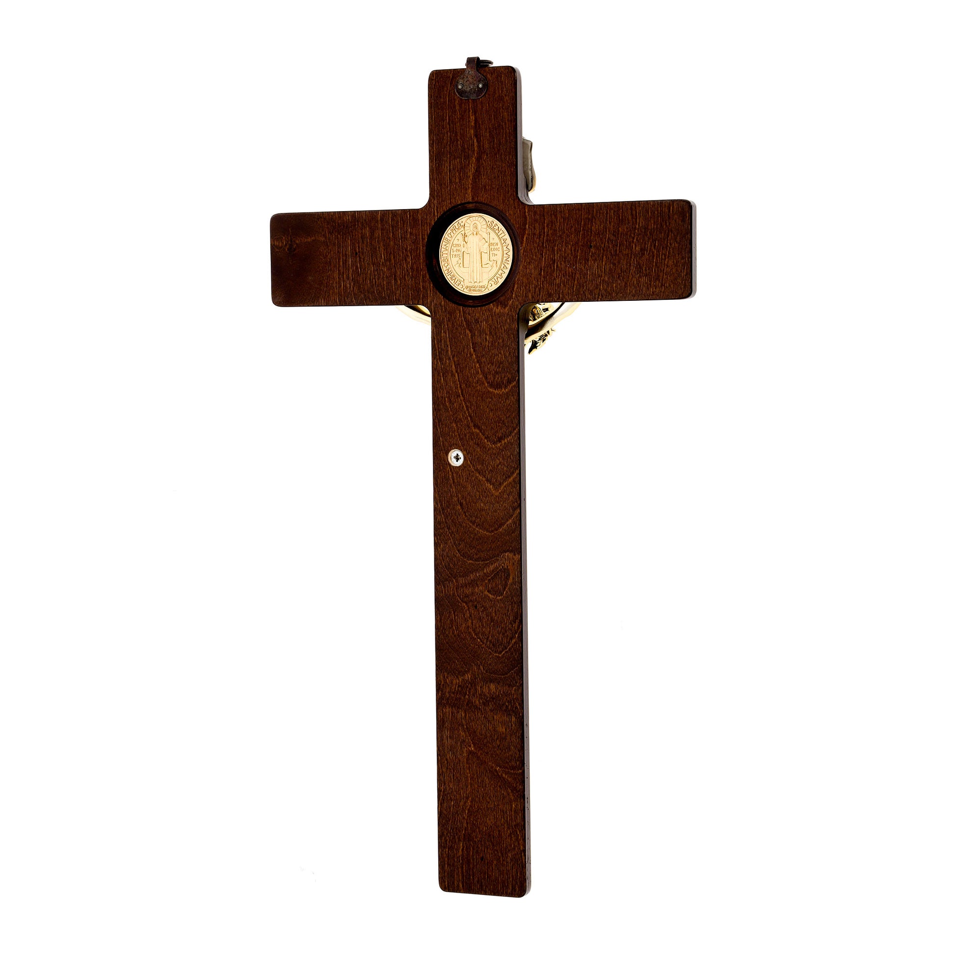 Crocifisso in legno di betulla, corpo dorato e medaglia di San Benedetto. Dimensioni 47x26 cm
