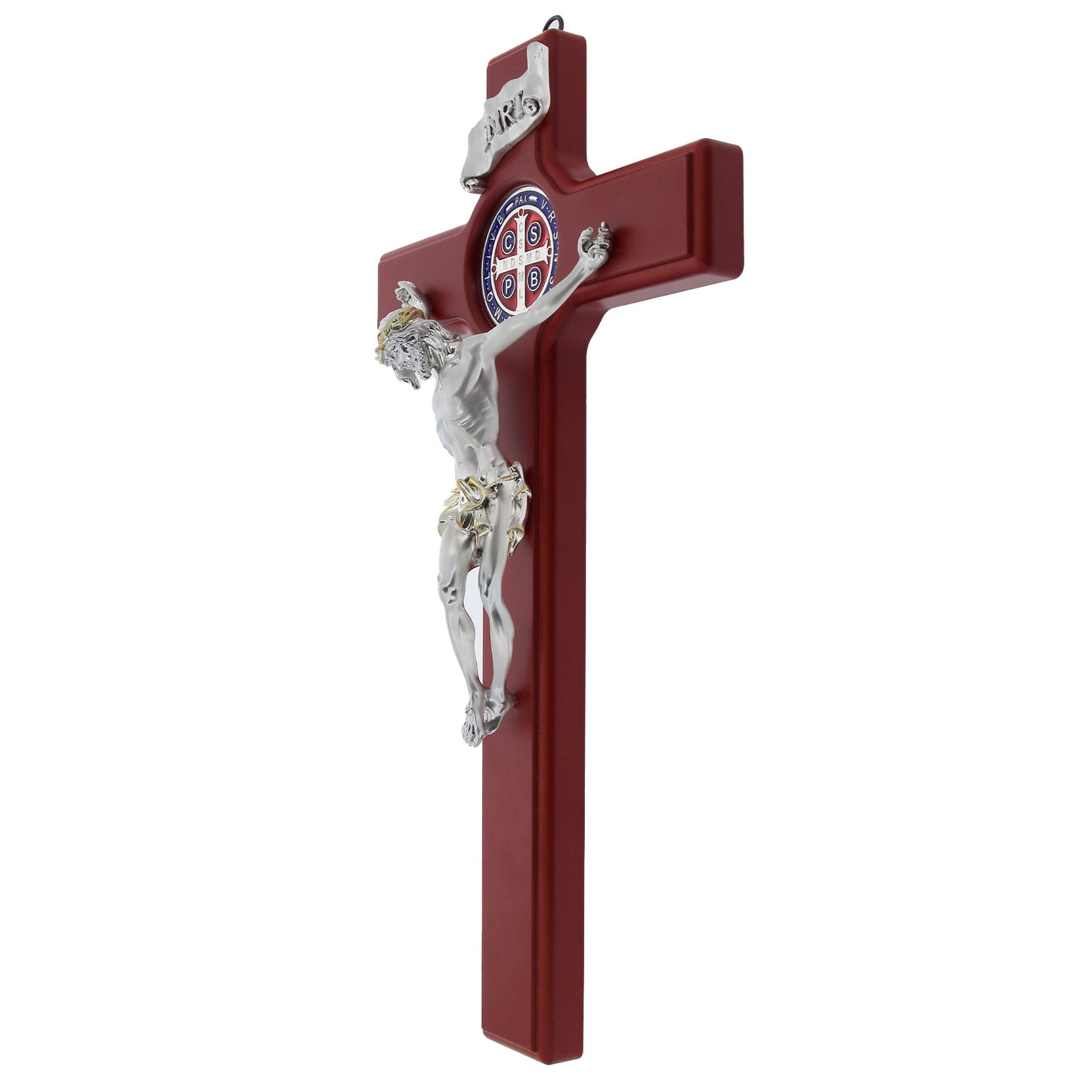 Crocifisso in legno, corpo argentato e medaglia di S.Benedetto colorata. Dimensioni 47x26 cm