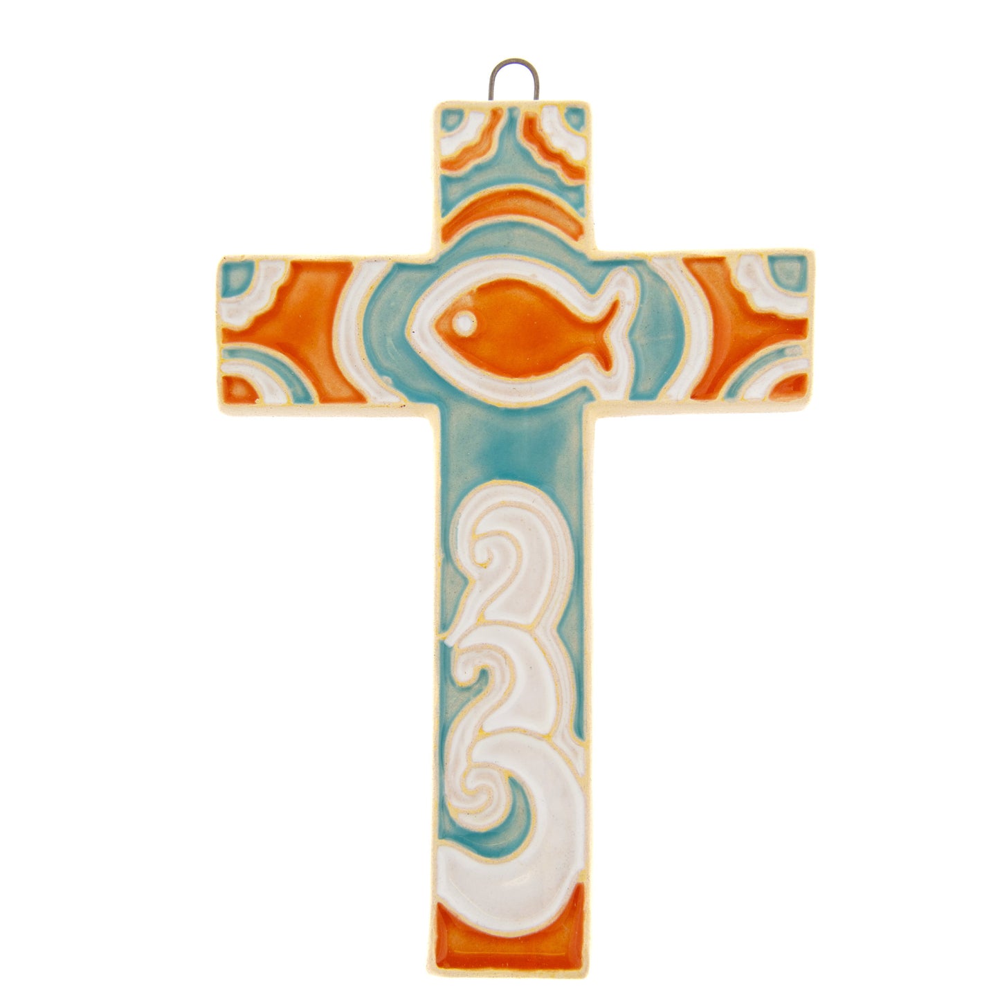 Croce in ceramica smaltata realizzata a mano. Altezza 12 cm